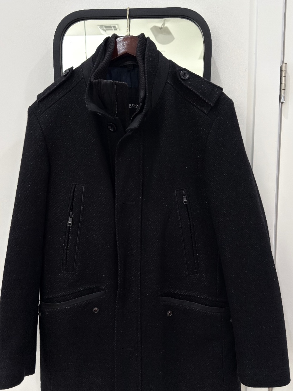 Hugo Boss Black Men's Wool Pea Coat with Stand Collar - Picture 2 of 8